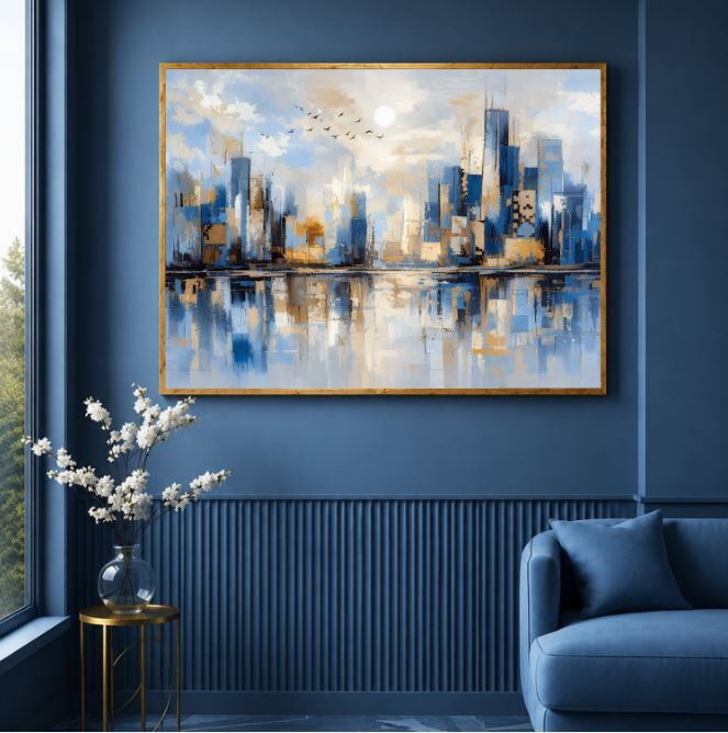 Soyut Şehir Yağlı Boya Tablo Modern Mavi Altın Skyline Manzara