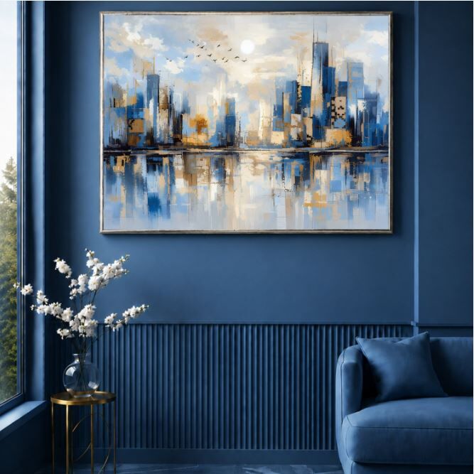 Soyut Şehir Yağlı Boya Tablo Modern Mavi Altın Skyline Manzara