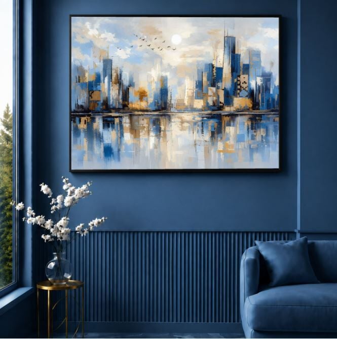 Soyut Şehir Yağlı Boya Tablo Modern Mavi Altın Skyline Manzara