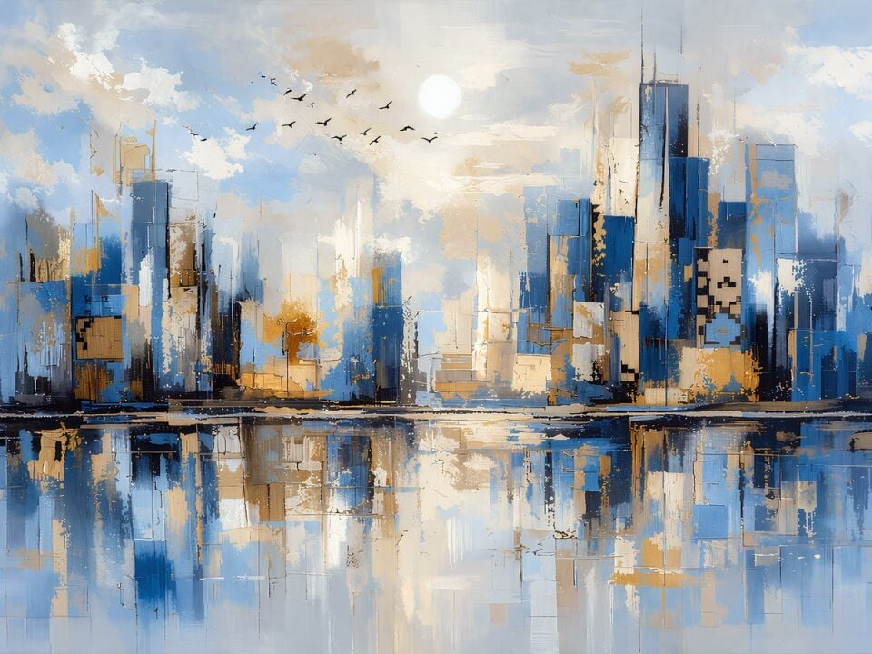 Soyut Şehir Yağlı Boya Tablo Modern Mavi Altın Skyline Manzara