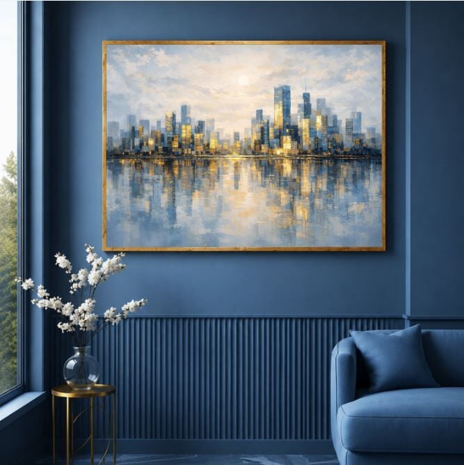 Modern Şehir Yağlı Boya Tablo Mavi Altın Skyline Yansımalı Manzara
