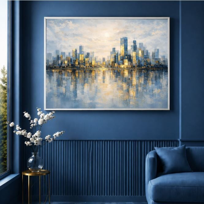 Modern Şehir Yağlı Boya Tablo Mavi Altın Skyline Yansımalı Manzara