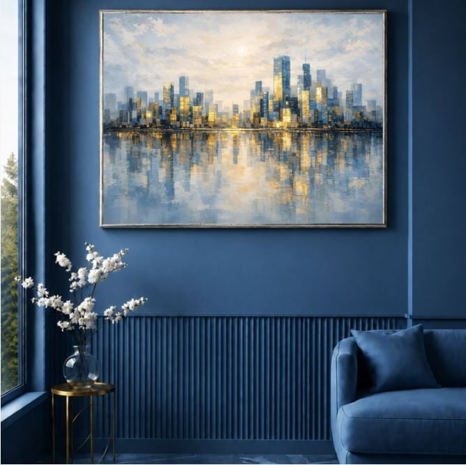 Modern Şehir Yağlı Boya Tablo Mavi Altın Skyline Yansımalı Manzara