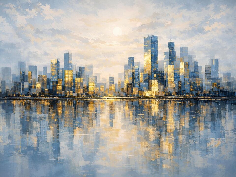 Modern Şehir Yağlı Boya Tablo Mavi Altın Skyline Yansımalı Manzara