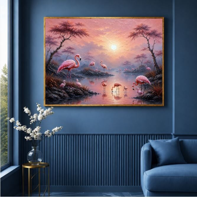 Flamingo Dokulu Yağlı Boya Tablo – Pembe Gün Batımı