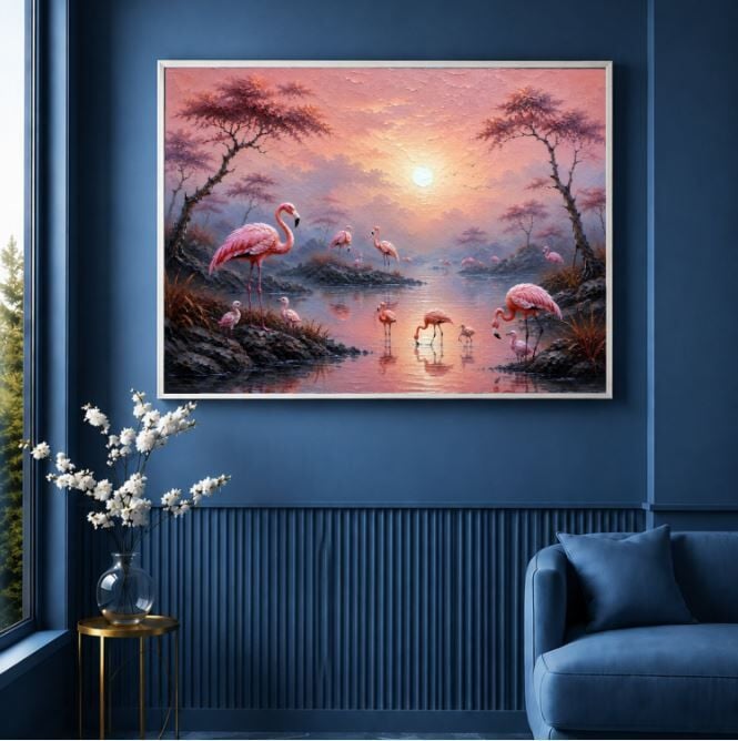 Flamingo Dokulu Yağlı Boya Tablo – Pembe Gün Batımı