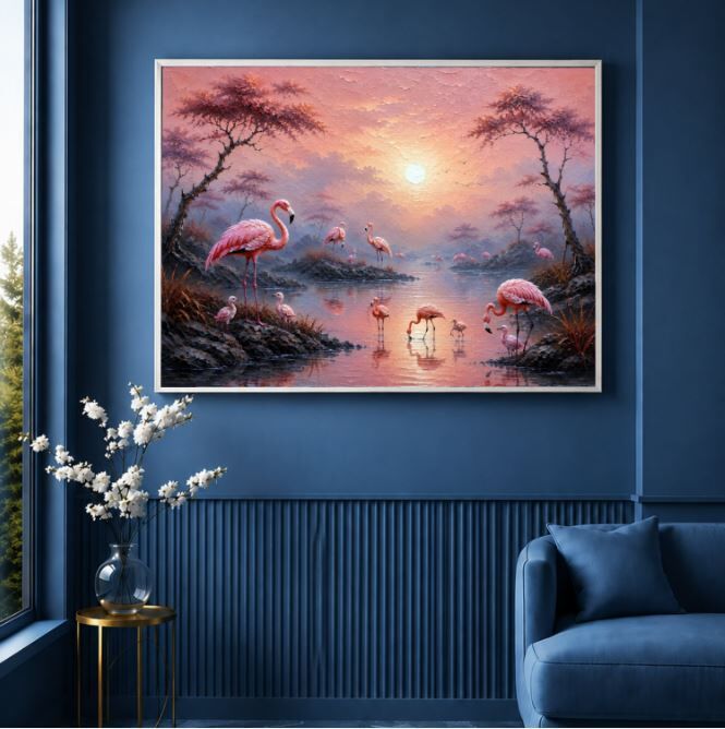 Flamingo Dokulu Yağlı Boya Tablo – Pembe Gün Batımı