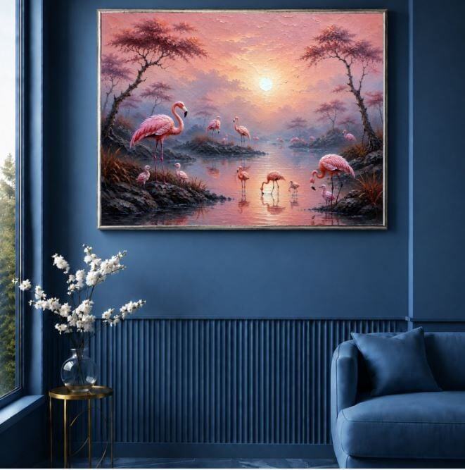 Flamingo Dokulu Yağlı Boya Tablo – Pembe Gün Batımı