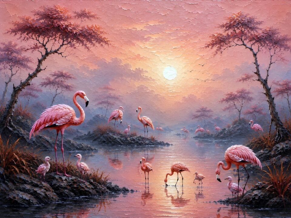 Flamingo Dokulu Yağlı Boya Tablo – Pembe Gün Batımı