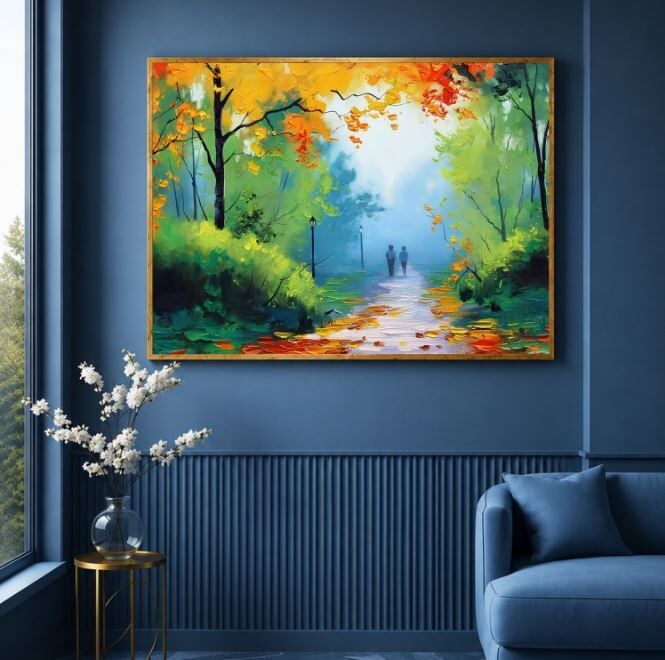 Sonbahar Orman Yolu Yağlı Boya Tablo Modern Manzara Dekoru