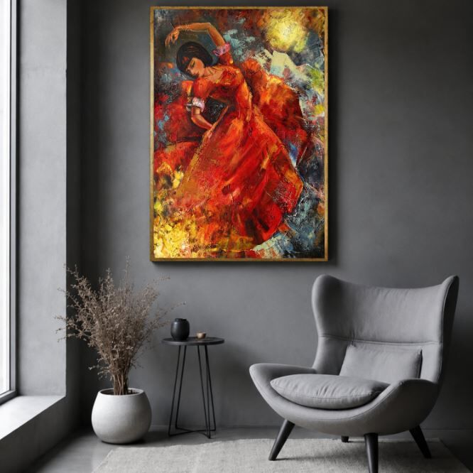 Flamenko Yağlı Boya Tablo Kırmızı Elbiseli Dansçı El Yapımı Sanat Eseri