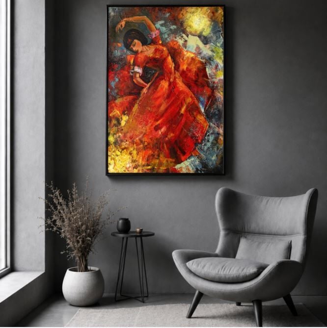 Flamenko Yağlı Boya Tablo Kırmızı Elbiseli Dansçı El Yapımı Sanat Eseri