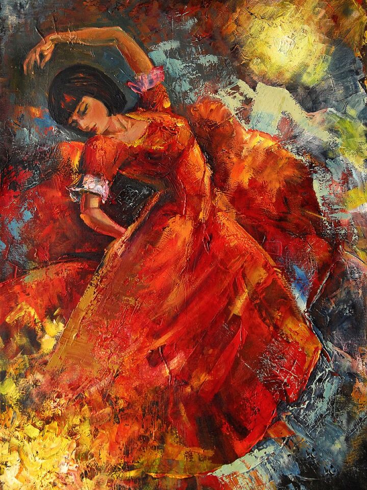 Flamenko Yağlı Boya Tablo Kırmızı Elbiseli Dansçı El Yapımı Sanat Eseri