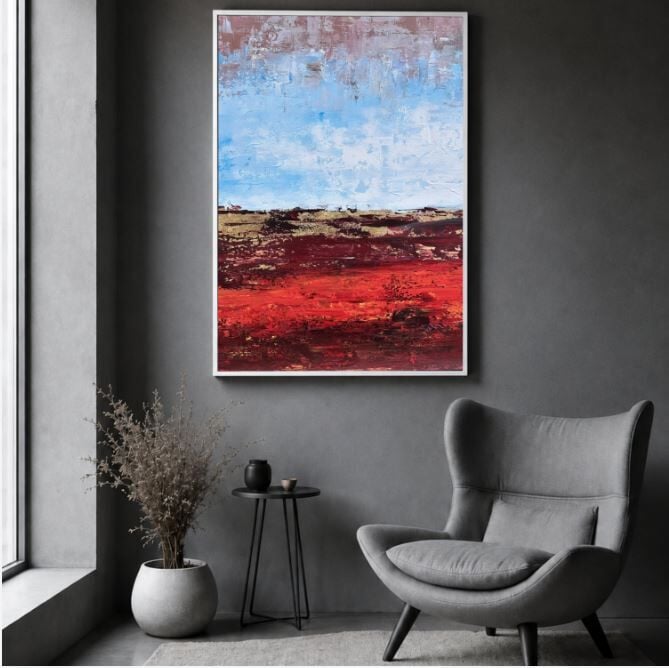 Kırmızı Ufuk Soyut Yağlı Boya Tablo Modern Dokulu Sanat