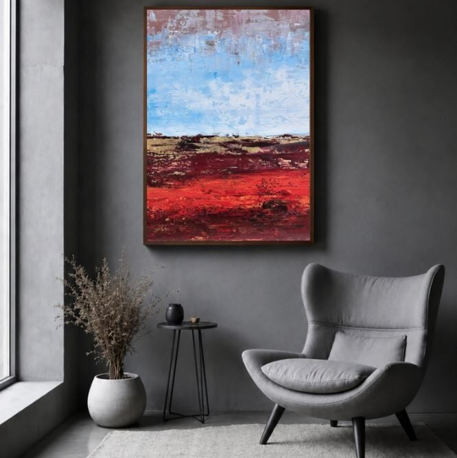 Kırmızı Ufuk Soyut Yağlı Boya Tablo Modern Dokulu Sanat
