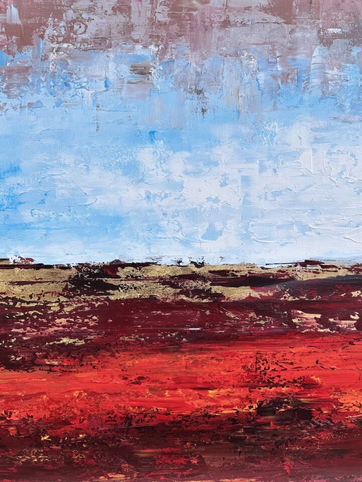 Kırmızı Ufuk Soyut Yağlı Boya Tablo Modern Dokulu Sanat