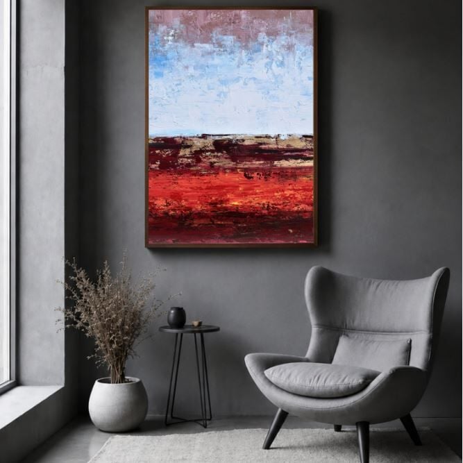 Bordo Ufuk Soyut Yağlı Boya Tablo Modern Dokulu Sanat