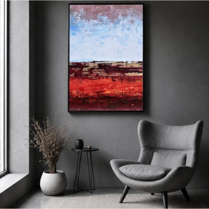 Bordo Ufuk Soyut Yağlı Boya Tablo Modern Dokulu Sanat