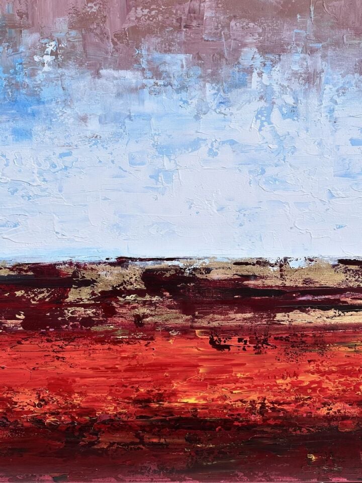 Bordo Ufuk Soyut Yağlı Boya Tablo Modern Dokulu Sanat