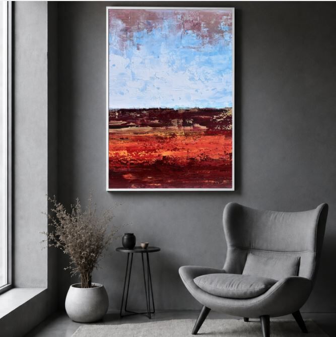 Kızıl Ufuk Soyut Yağlı Boya Tablo Modern Dokulu Sanat