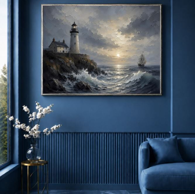 Deniz Feneri Dokulu Yağlı Boya Tablo – Fırtınalı Kıyı