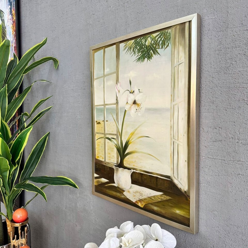 Deniz Manzaralı Pencere Önünde Beyaz Çiçek Yağlı Boya Tablo