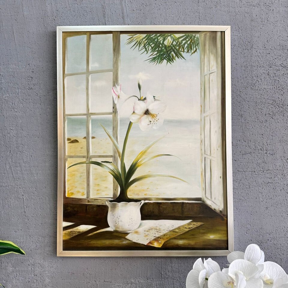 Deniz Manzaralı Pencere Önünde Beyaz Çiçek Yağlı Boya Tablo