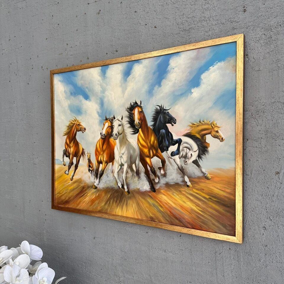 Koşan Atlar Yağlı Boya Tablo – Güç ve Özgürlük Temalı Duvar Dekoru