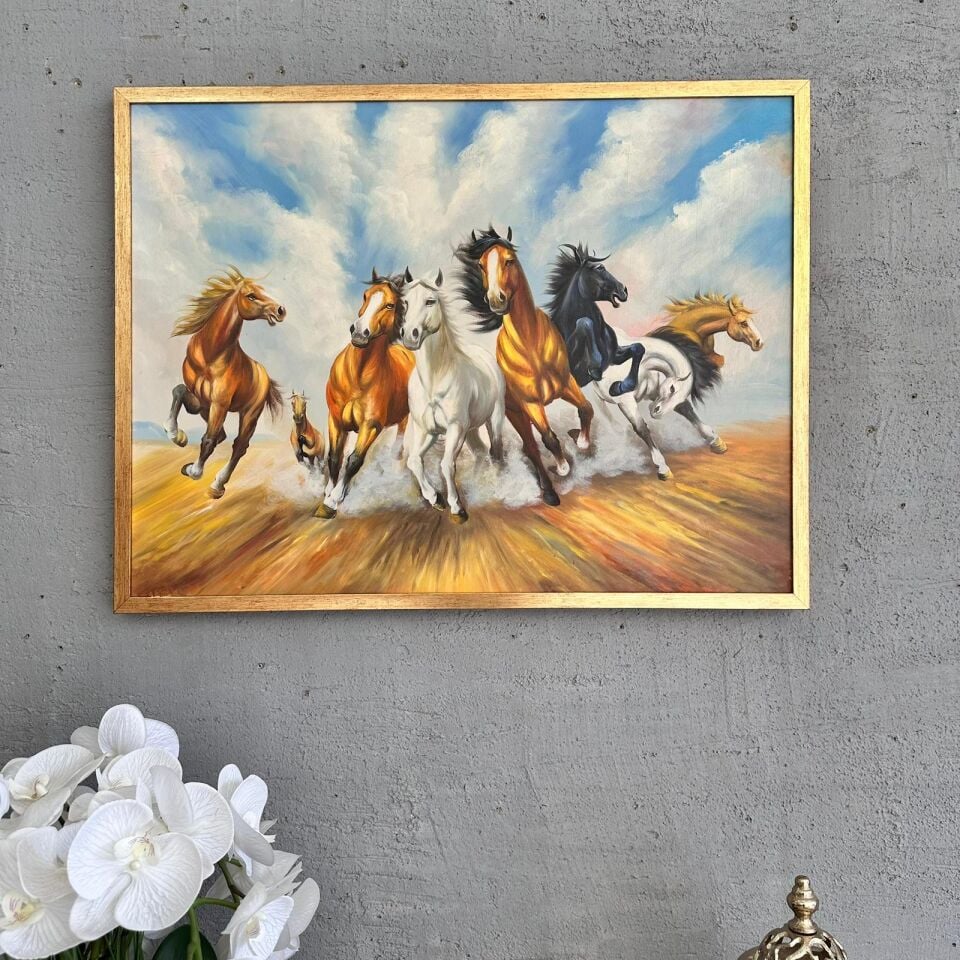 Koşan Atlar Yağlı Boya Tablo – Güç ve Özgürlük Temalı Duvar Dekoru