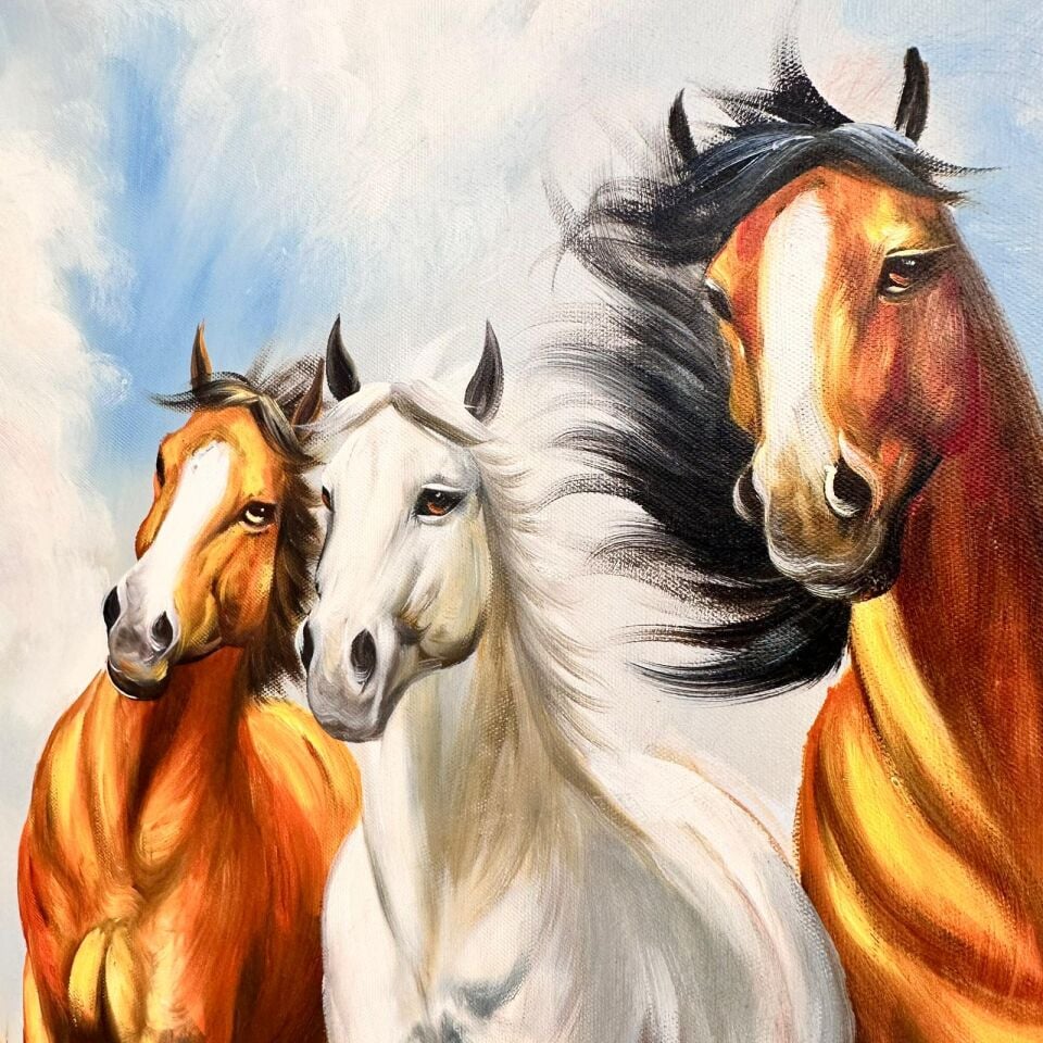 Koşan Atlar Yağlı Boya Tablo – Güç ve Özgürlük Temalı Duvar Dekoru