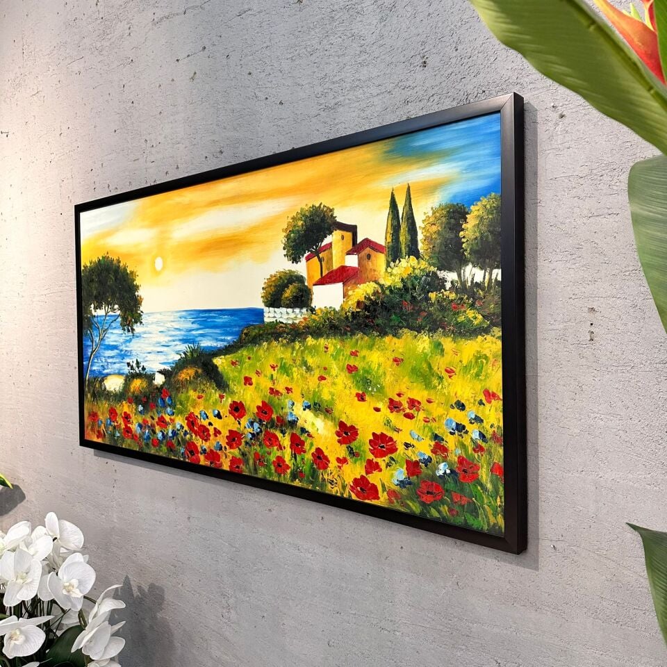 Gün Batımında Deniz ve Kır Çiçekleri Manzaralı Yağlı Boya Tablo