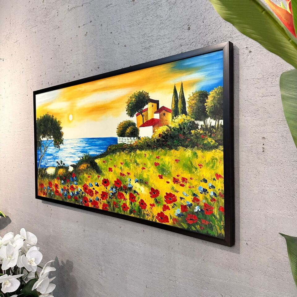 Gün Batımında Deniz ve Kır Çiçekleri Manzaralı Yağlı Boya Tablo