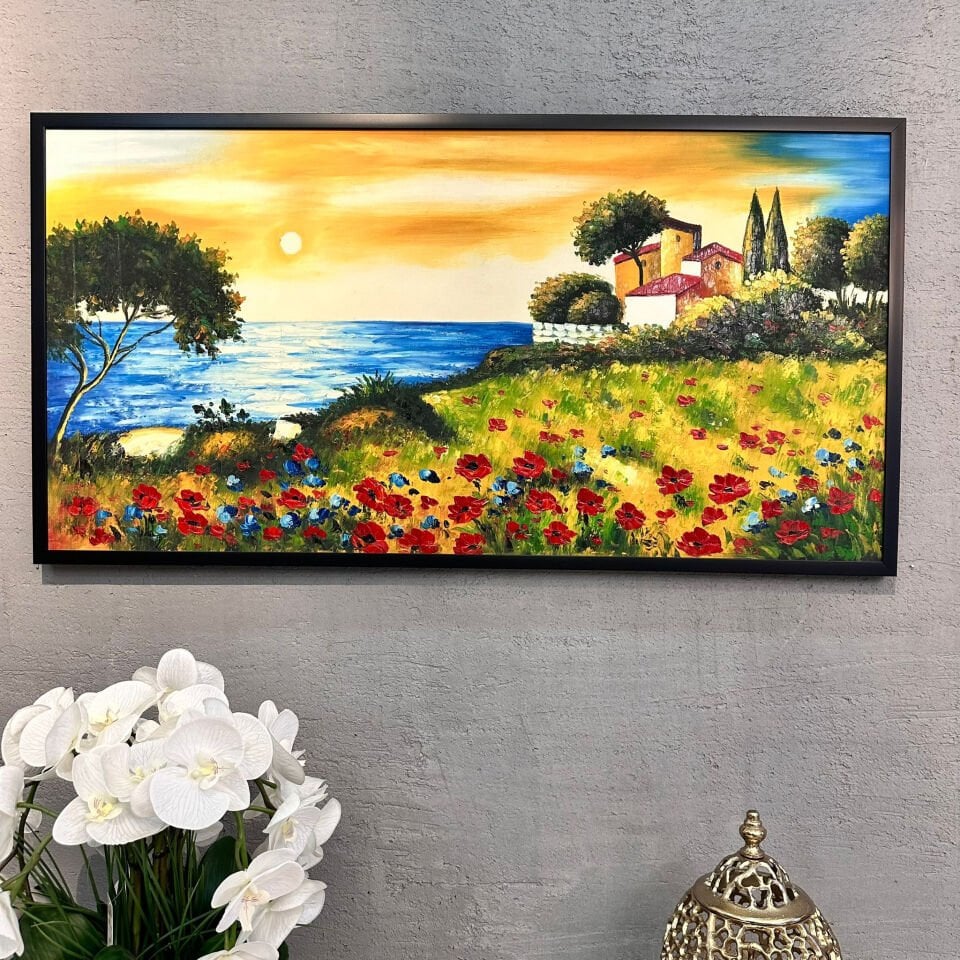 Gün Batımında Deniz ve Kır Çiçekleri Manzaralı Yağlı Boya Tablo