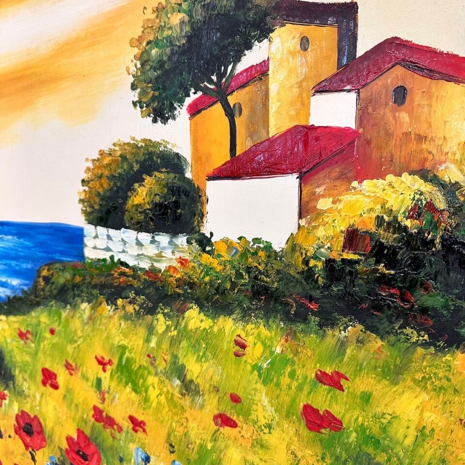 Gün Batımında Deniz ve Kır Çiçekleri Manzaralı Yağlı Boya Tablo