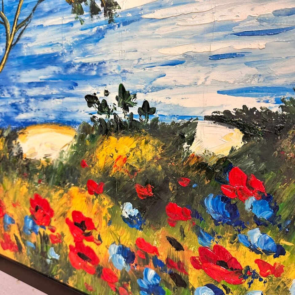 Gün Batımında Deniz ve Kır Çiçekleri Manzaralı Yağlı Boya Tablo