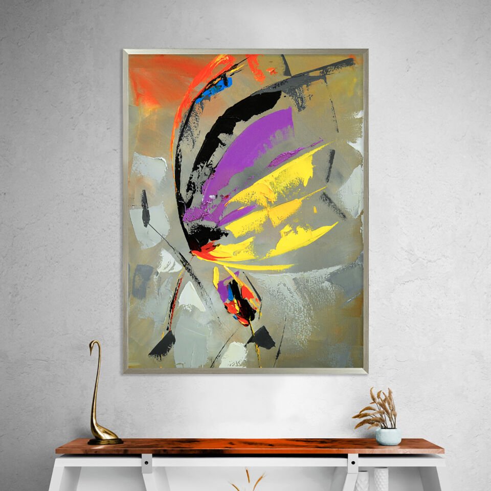 Çiçekteki Kelebek Soyut Dokulu Yağlıboya Tablo