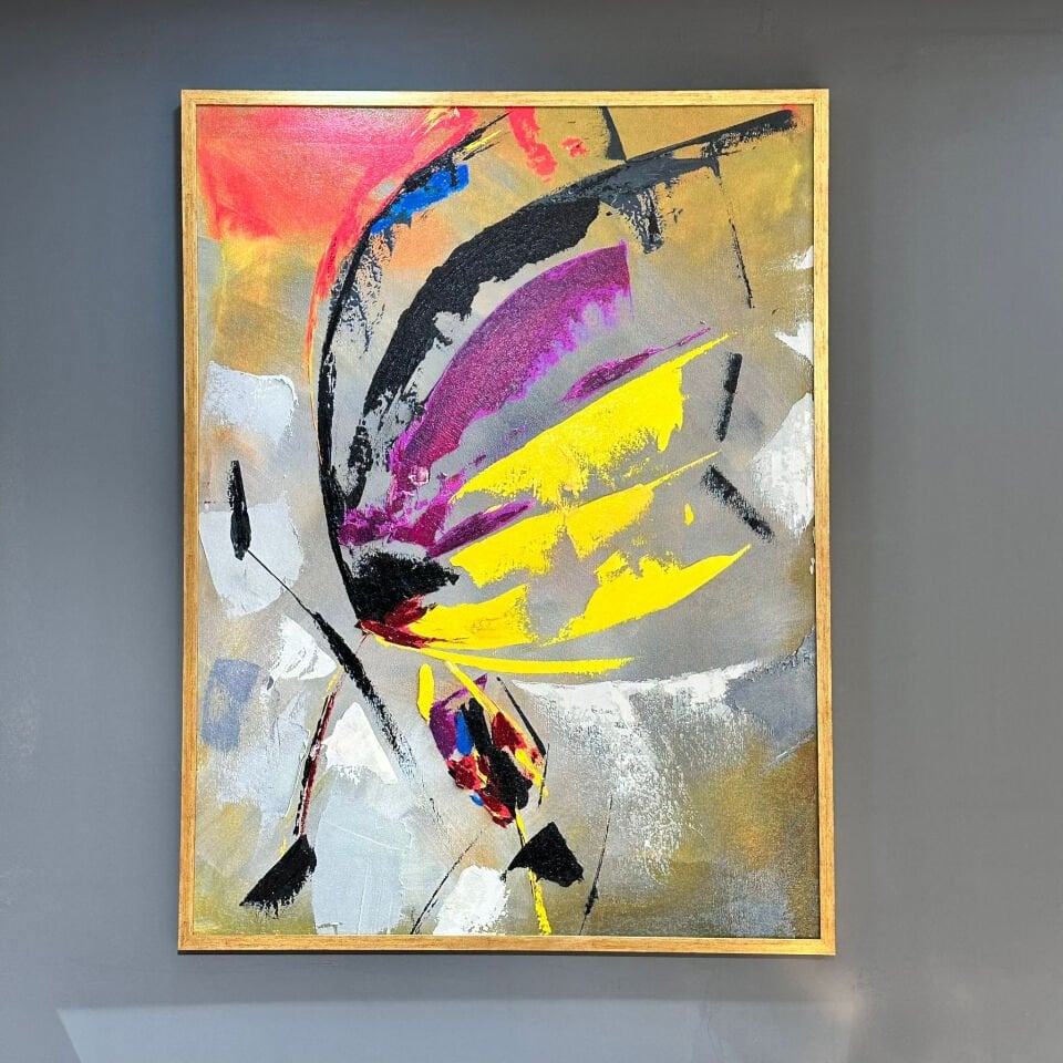 Çiçekteki Kelebek Soyut Dokulu Yağlıboya Tablo