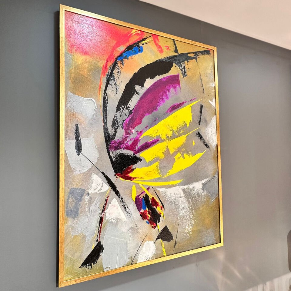 Çiçekteki Kelebek Soyut Dokulu Yağlıboya Tablo