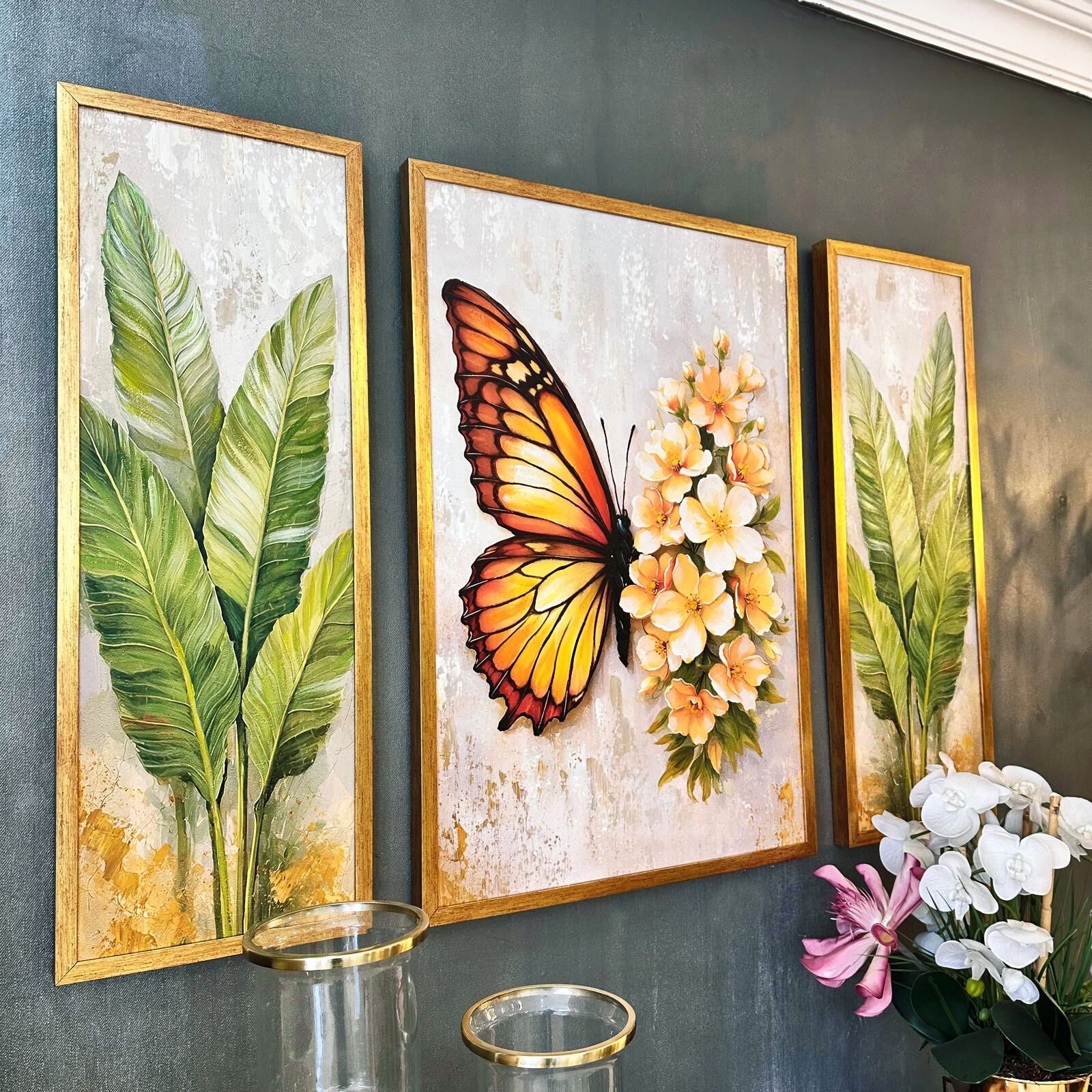 Altın Kanat Kelebek & Tropikal Yaprak 3’lü Tablo Seti