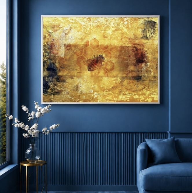 Arı Temalı Yağlı Boya Tablo Bal Peteği Dokulu El Yapımı Modern Sanat Eseri
