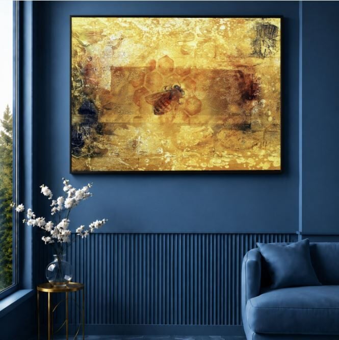 Arı Temalı Yağlı Boya Tablo Bal Peteği Dokulu El Yapımı Modern Sanat Eseri
