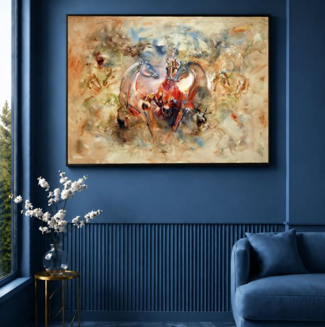 At Temalı Yağlı Boya Tablo Soyut Koşan Atlar Dokulu El Yapımı Modern Sanat Eseri