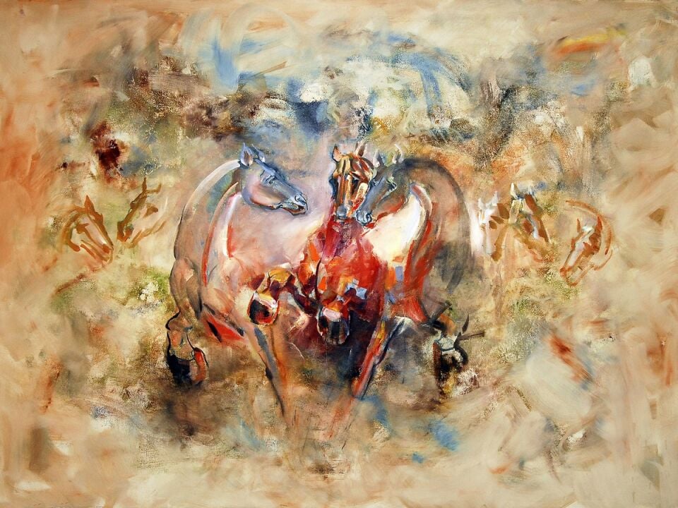 At Temalı Yağlı Boya Tablo Soyut Koşan Atlar Dokulu El Yapımı Modern Sanat Eseri