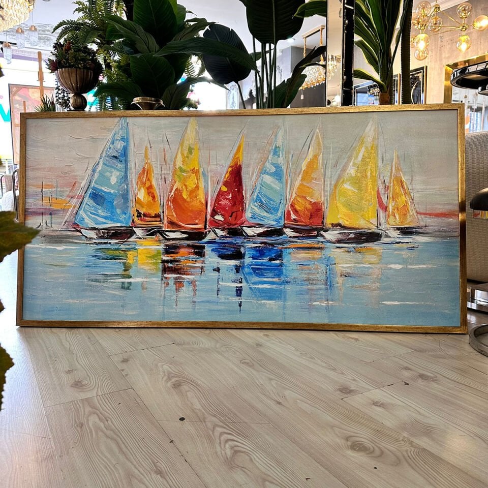 Rüzgârda Renkli Yelkenler Dokulu Yağlıboya Tablo