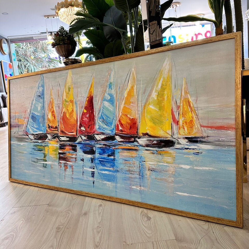 Rüzgârda Renkli Yelkenler Dokulu Yağlıboya Tablo
