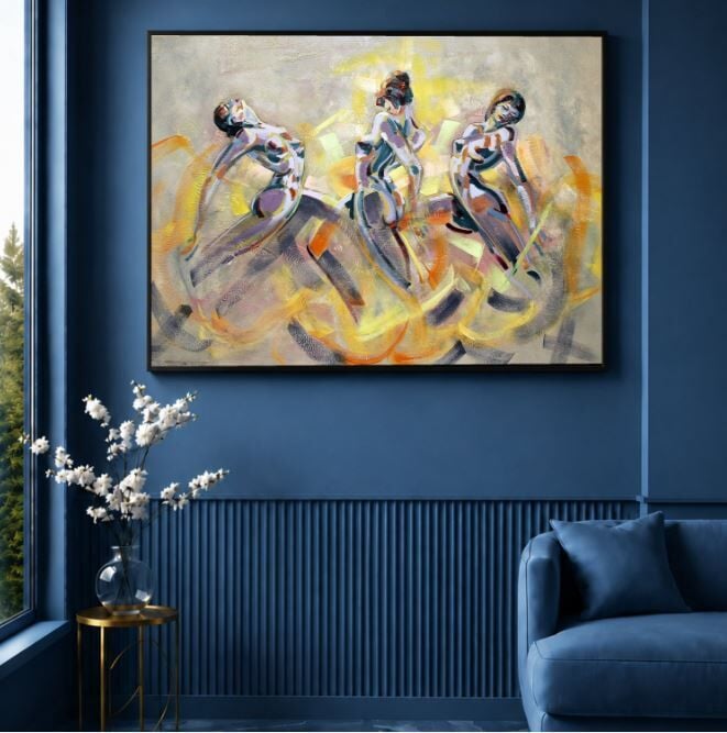 Soyut Figürlü Yağlı Boya Tablo Üç Kadın Figürü Dokulu El Yapımı Modern Sanat Eseri