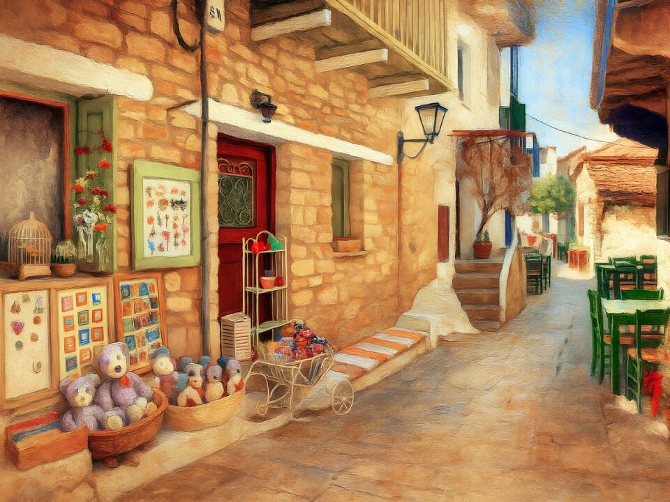 Nostaljik Taş Sokak Yağlı Boya Tablo El Yapımı