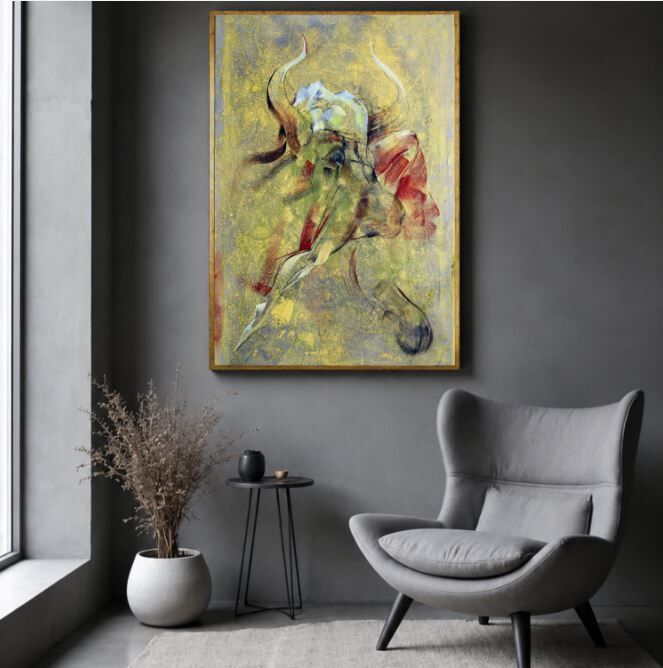 Boğa Temalı Yağlı Boya Tablo Soyut Dokulu El Yapımı Modern Sanat Eseri