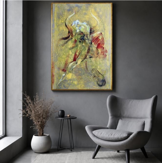 Boğa Temalı Yağlı Boya Tablo Soyut Dokulu El Yapımı Modern Sanat Eseri