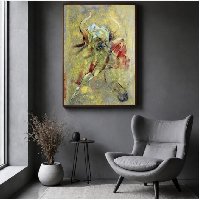 Boğa Temalı Yağlı Boya Tablo Soyut Dokulu El Yapımı Modern Sanat Eseri
